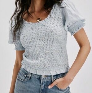 Free People Gray Smocked Ruffled Blouse